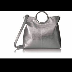 metallic silver handbag